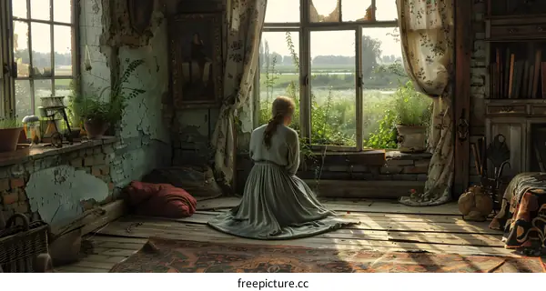 girl in retro dress looking out the window