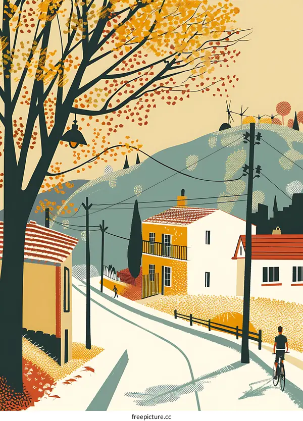 Autumn Landscape with Houses and People