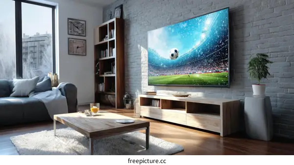 Modern Living Room with Smart TV Showing Soccer Game