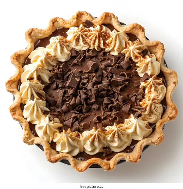 overhead view of a chocolate cream pie with whipped cream rosettes and chocolate shavings