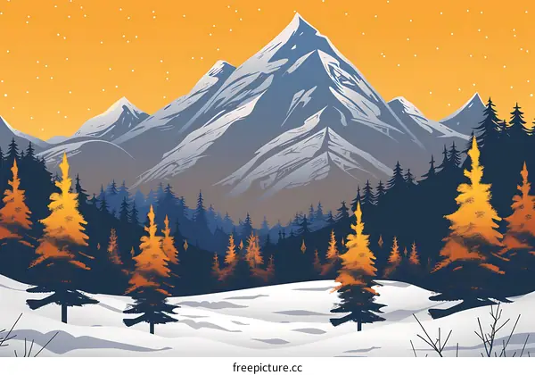 Snowy Mountain Landscape With Pine Trees Illustration