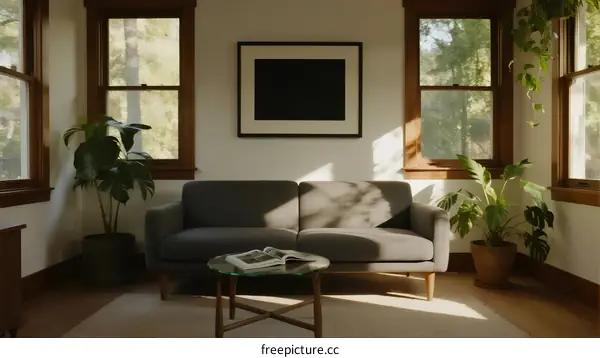 Modern Living Room with Large Windows and Green Plants