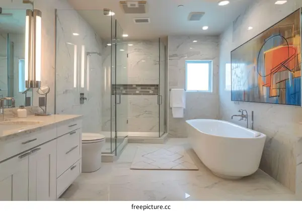 Modern bathroom with large soaking tub and glass shower enclosure