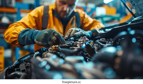 Car mechanic repairing a car engine