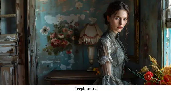 Woman in Vintage Dress Posing in Antique Room