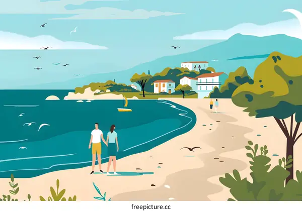 Couple Walking on the Beach with Sea and Village in the Background