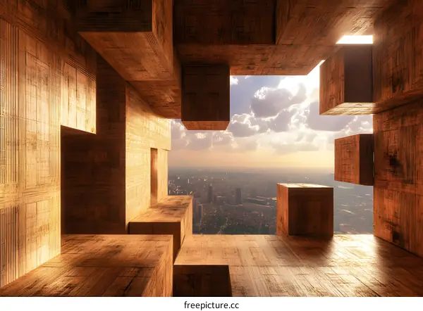 Abstract Wooden Architecture With View of Cityscape