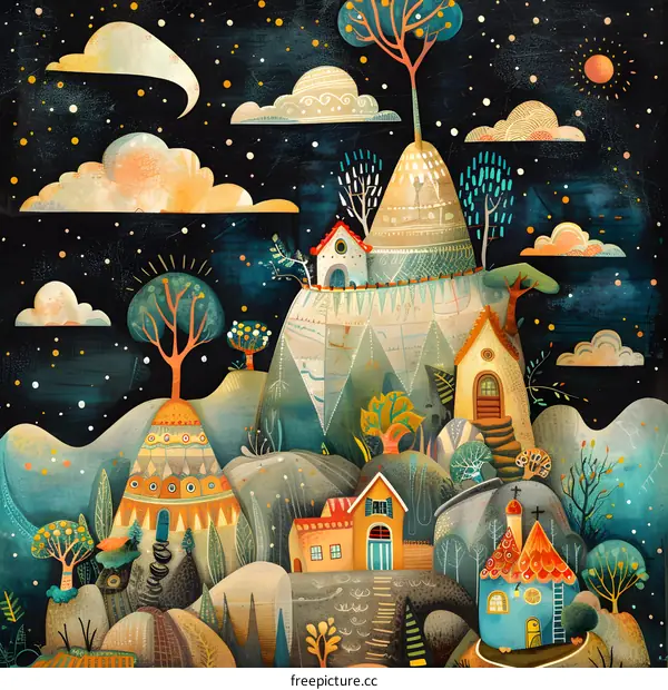 Night Sky Mountaintop Village Illustration