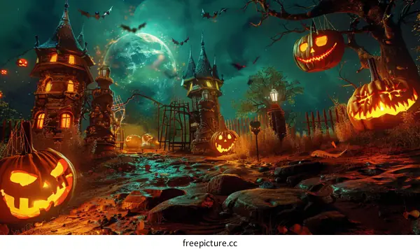 Spooky Halloween Pumpkin Lantern with Full Moon