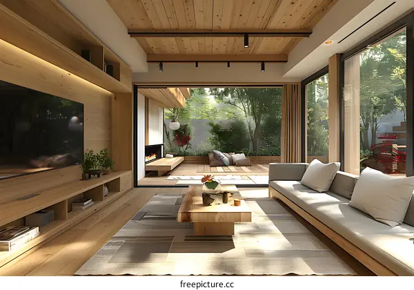 Modern Japanese Style Living Room Interior Design with Wooden Floors and a Large Window