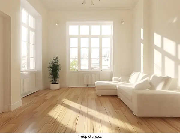 White Sectional Sofa in Minimalist Living Room with Large Windows