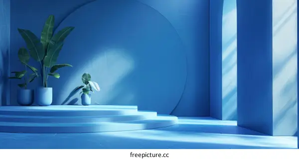 Modern Blue Minimalist Scene with Plants