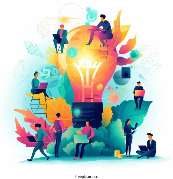 Illustration of people working together on a light bulb idea