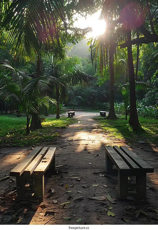 The sun shines through the forest