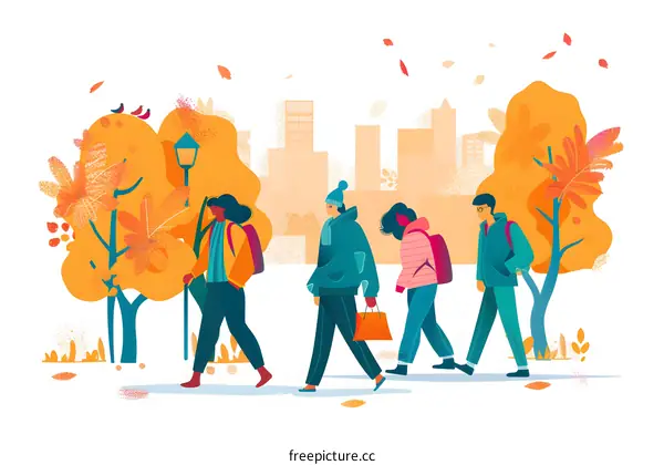 Four People Walking in Autumn Park with City Skyline in Background