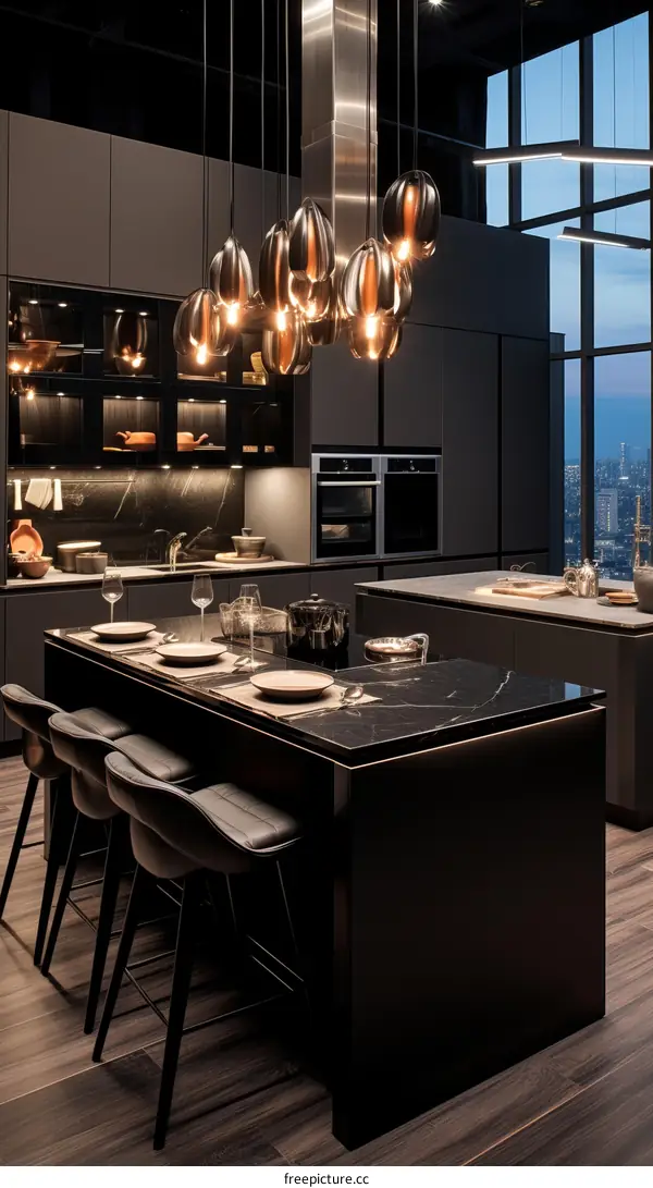Luxury Modern Kitchen with Dark Marble Countertops and Glass Pendant Lights