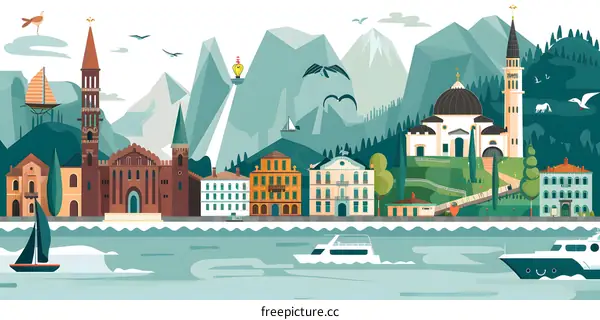 Illustration of a Town in Front of Mountains