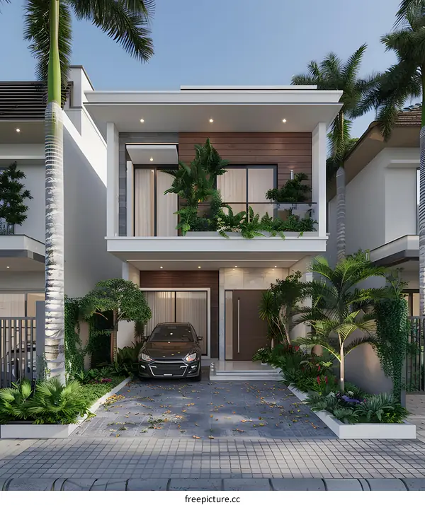 Modern Two Story House with Tropical Garden and Car in Front