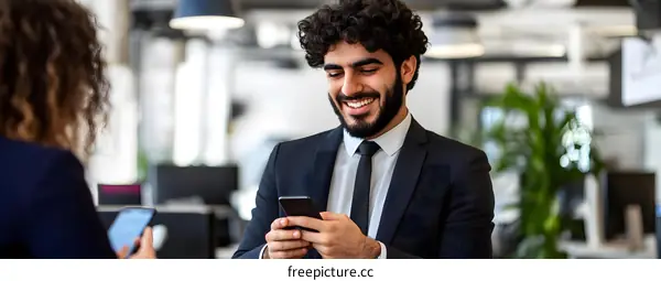 Smiling Businessman Looking at Phone in Office