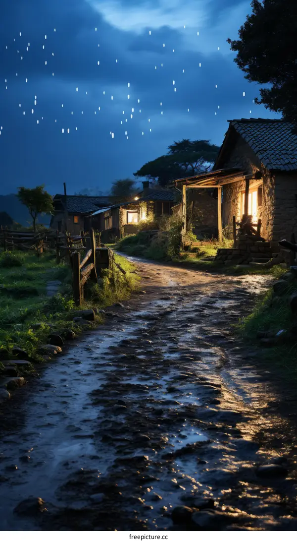 Thatched roof house village at night
