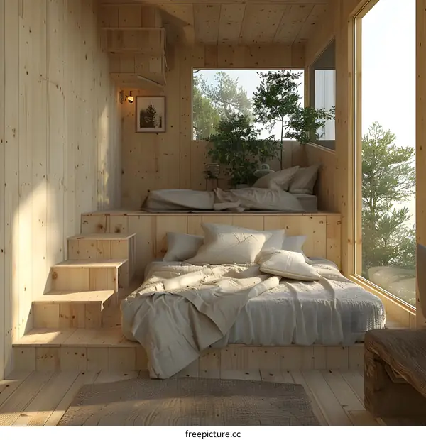 Wooden Bedroom with Large Window