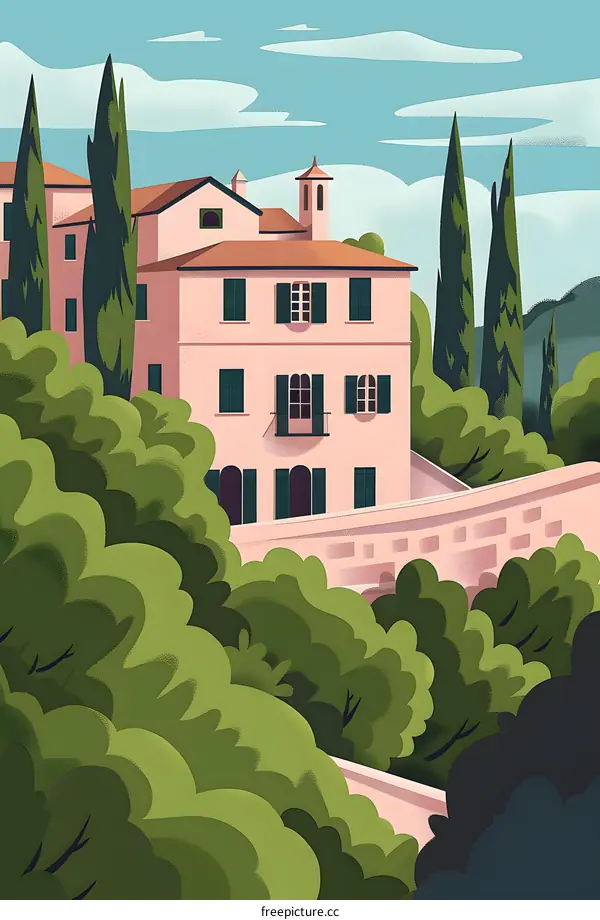 Pink Villa in a Green Garden Landscape