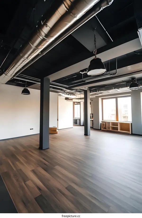 Modern Office Interior Design With Exposed Ceiling And Wooden Floor
