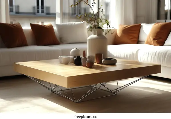 Modern Wooden Coffee Table in a Bright Living Room