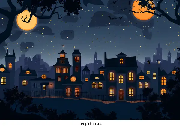 Halloween Night Cityscape With Moon And Bats