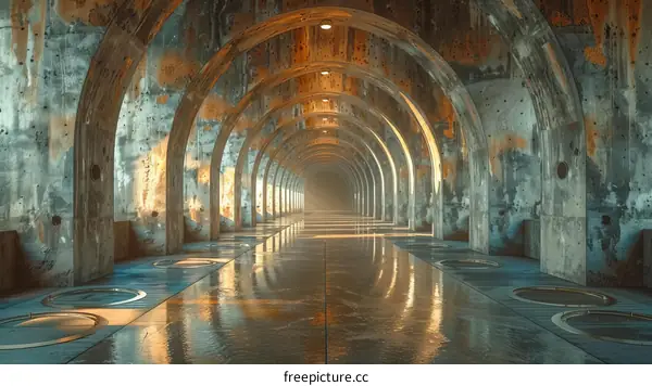 Futuristic concrete corridor with wet floor reflecting the lights