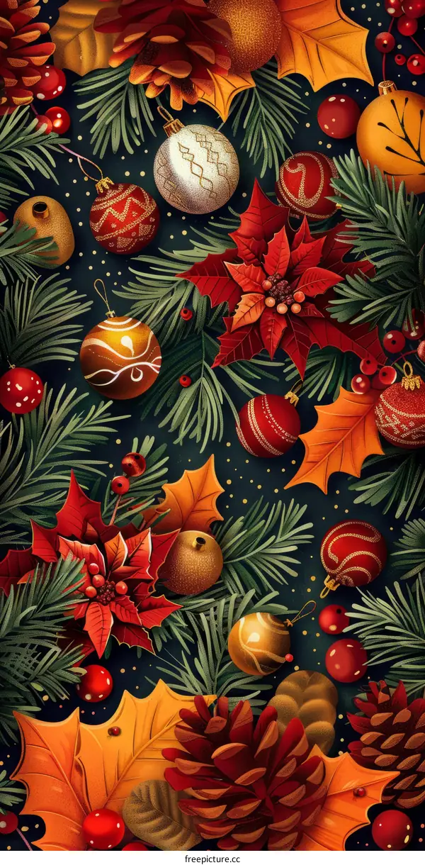 Christmas seamless pattern with poinsettias, pine cones, and ornaments