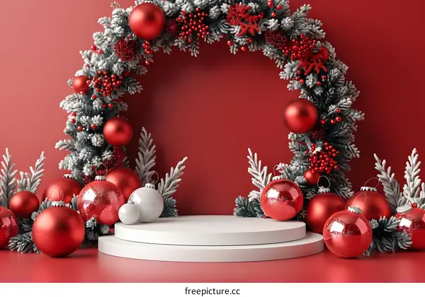 Red Christmas Ornament Wreath Background With White Podium