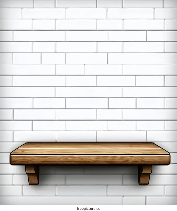 Wooden Shelf on White Brick Wall Background