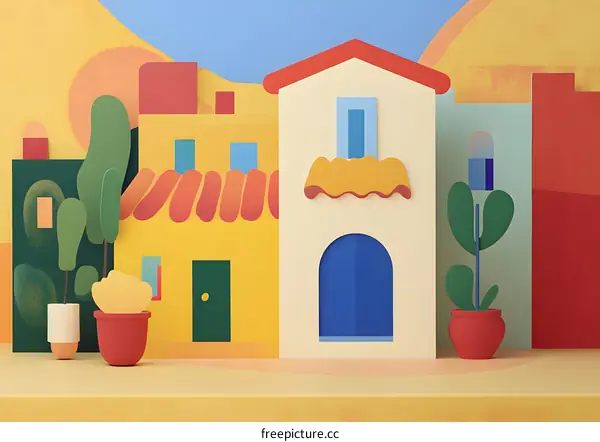 Colorful Paper Cutout Illustration of a Village