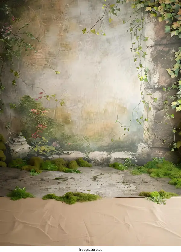 Vintage Stone Wall with Ivy and Green Moss Backdrop