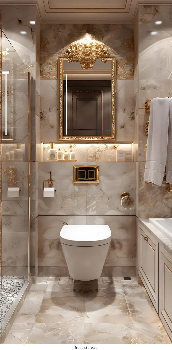 Toilet and Bidet in a Luxurious Bathroom With Golden Marble Tiles