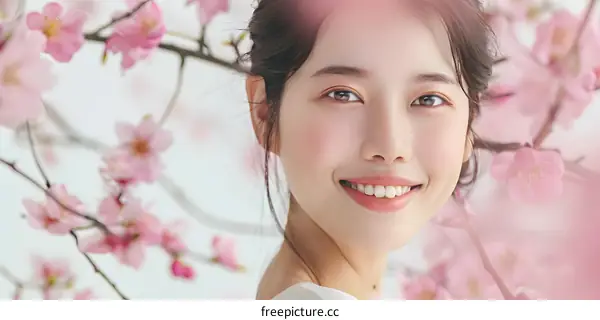 Portrait of a Beautiful Young Woman with Pink Flowers