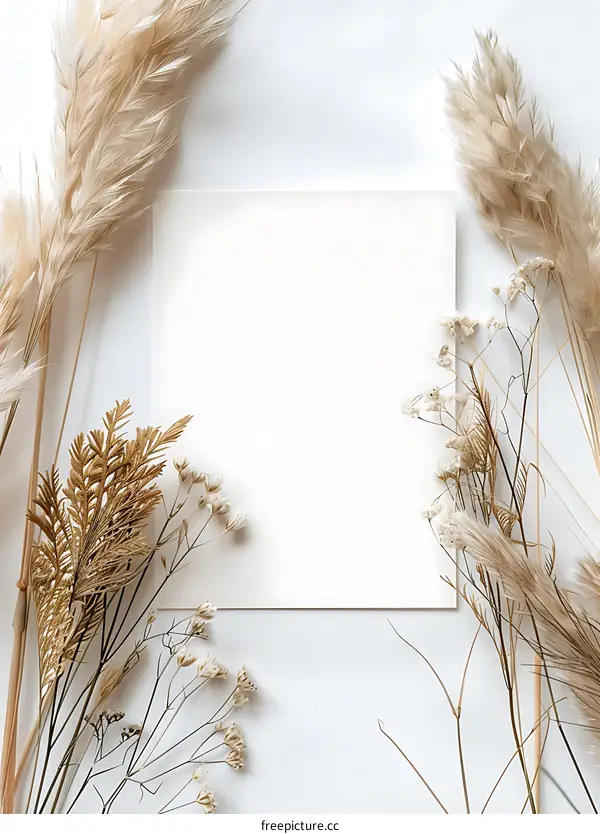 White Background with Dried Flowers and Blank Card