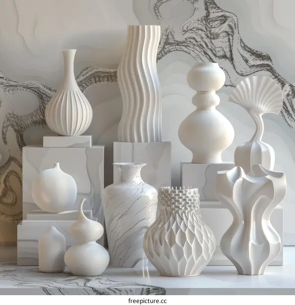 A collection of white vases of various shapes and sizes displayed on white pedestals against a marble background.