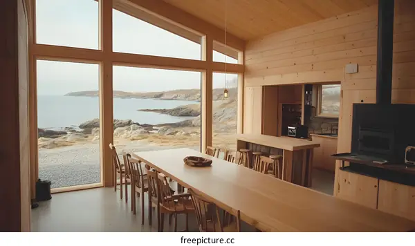 Wooden Cabin with Large Windows Offering Panoramic Ocean View