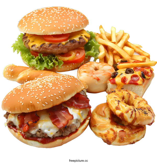 [Transparent Background PNG]Fast Food Meal with Cheeseburgers, Fries, and Bagels