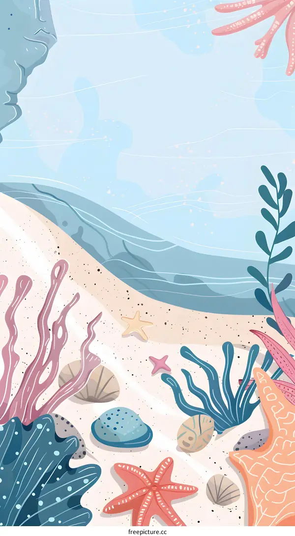 Sea Life Illustration of Seashells, Starfish and Coral