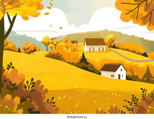 Autumn Landscape with Houses and Trees Illustration
