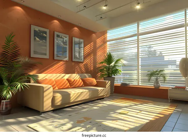 A modern living room with a large sofa, rug, and plants