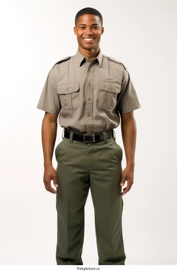 Studio portrait of a young African-American man in a brown uniform shirt and green pants, with a friendly smile on his face
