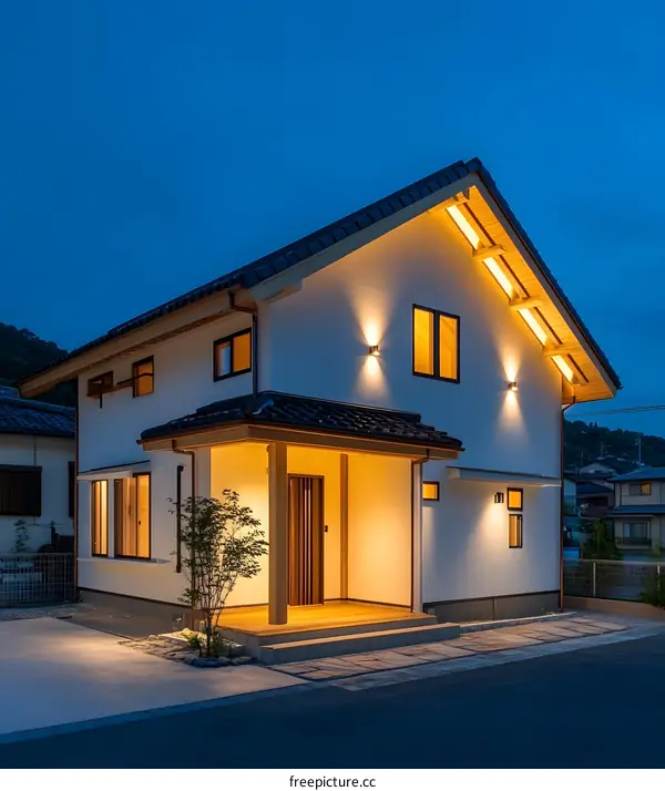 Modern Japanese Style House With Wooden Beams Illuminated At Night