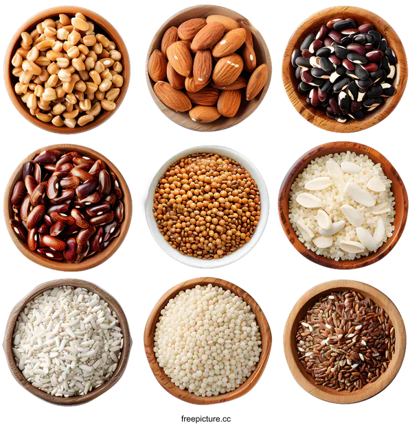 [Transparent Background PNG]Collection of Various Grains and Seeds in Wooden Bowls