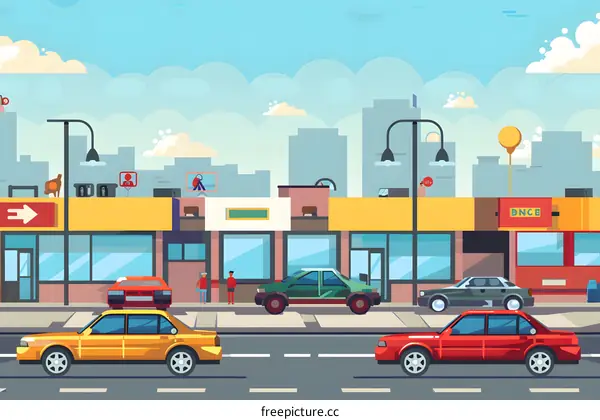 Cartoon City Street with Cars and People