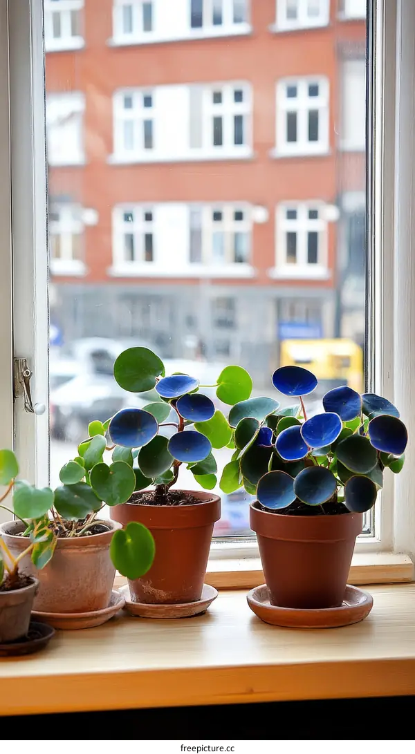 Indoor Plants on a Windowsill with City View