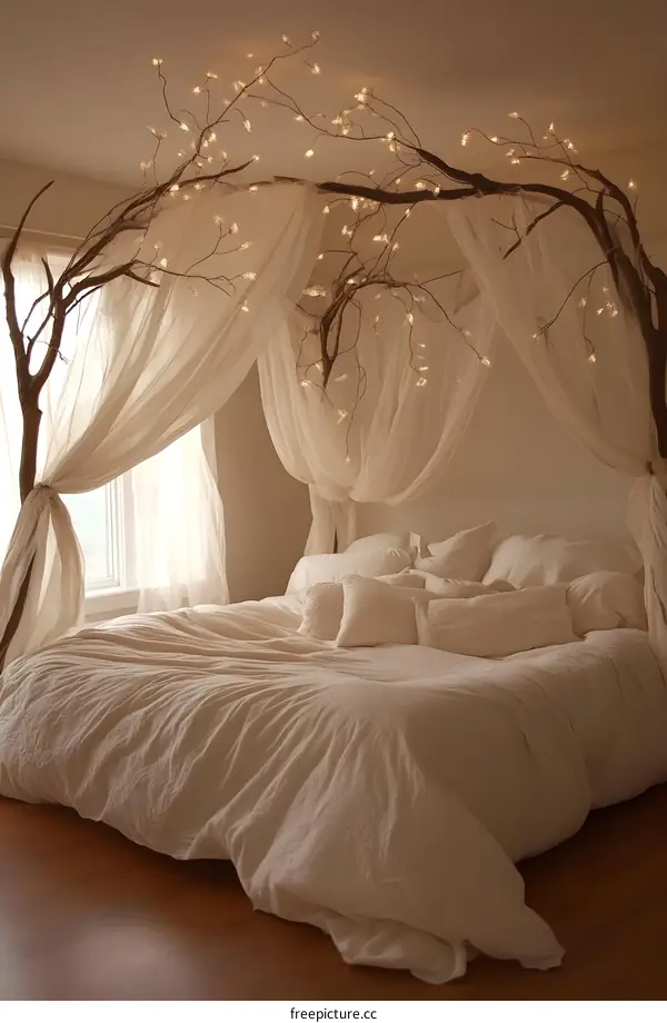 Romantic Bedroom Decor with Branch Canopy and Fairy Lights